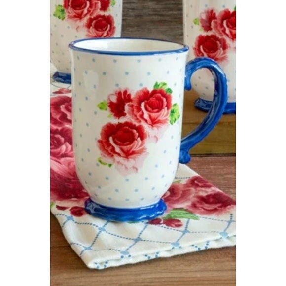 The Pioneer Woman Coffee Mug Heritage Floral Roses Blue Trim polka dot 18 fl oz - Picture 1 of 8